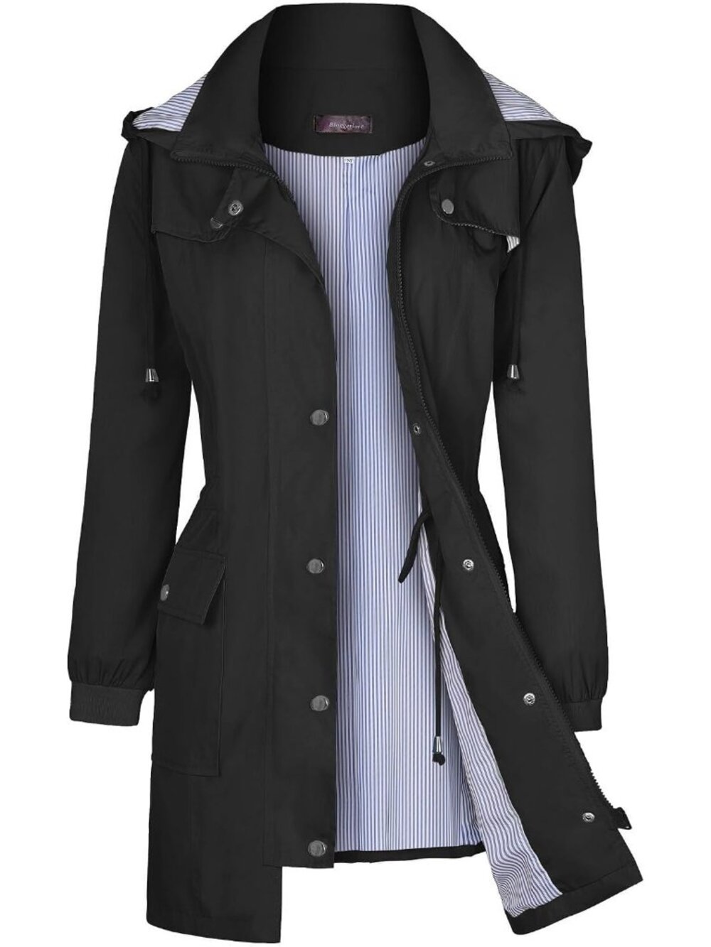 Womens Dark Grey Hooded Waterproof Striped Climbing Windbreaker Trench Rain Coat